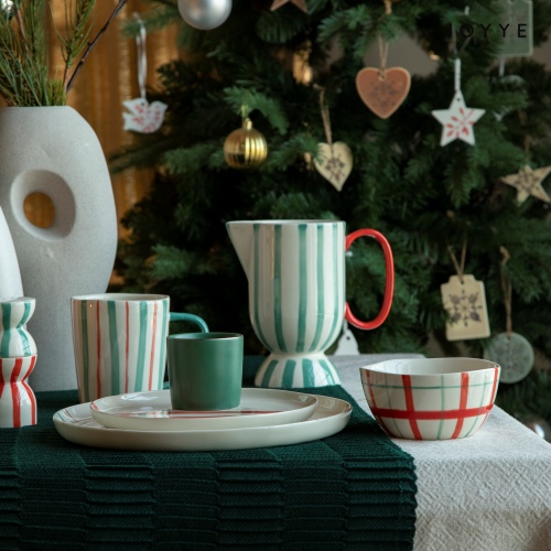 Hand painted Red and Green Stripes Christmas Mugs