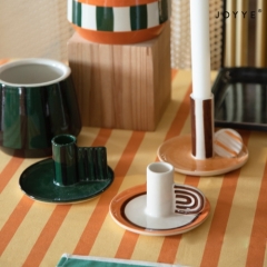 The Vintage 70s Orange Brown Striped Ceramic Candle Holders