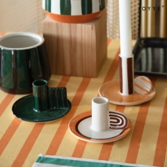 The Vintage 70s Orange Brown Striped Ceramic Candle Holders