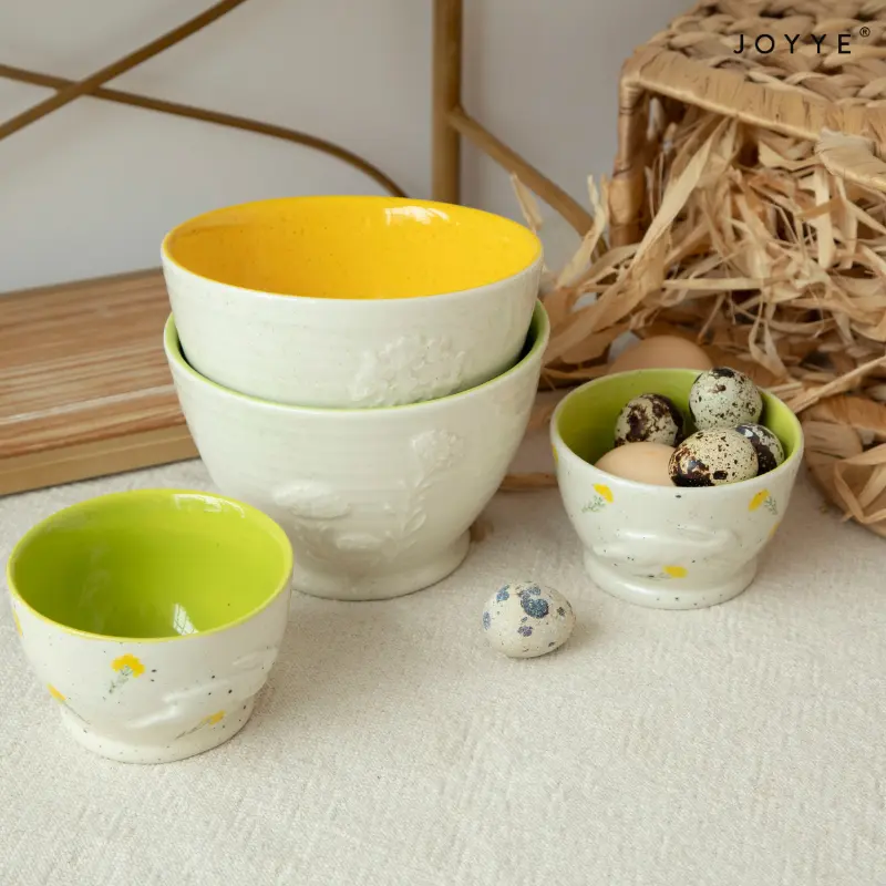 Embossed Rabbit Handpaint Flower Ceramic Bowls