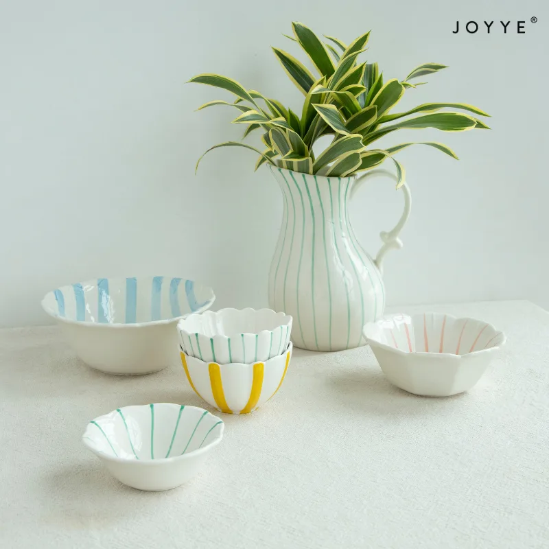 Hand-painted Embossed Stripe Floral Shape Dinner Bowls