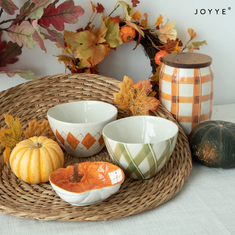 Hand-painted Embossed Pumpkin Ceramic Bowls