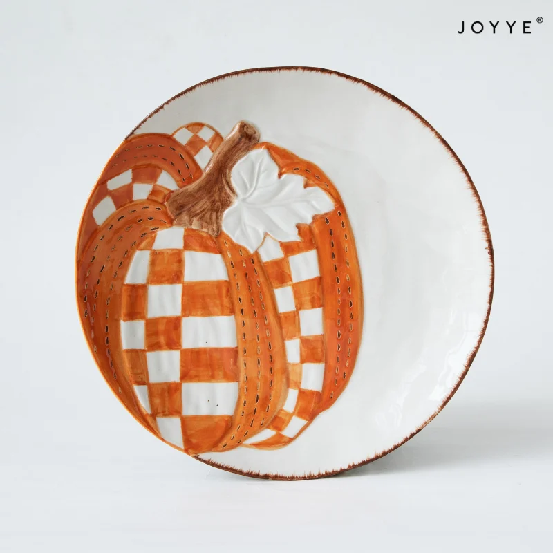 Hand-painted Embossed Orange Pumpkin Dinner Plates