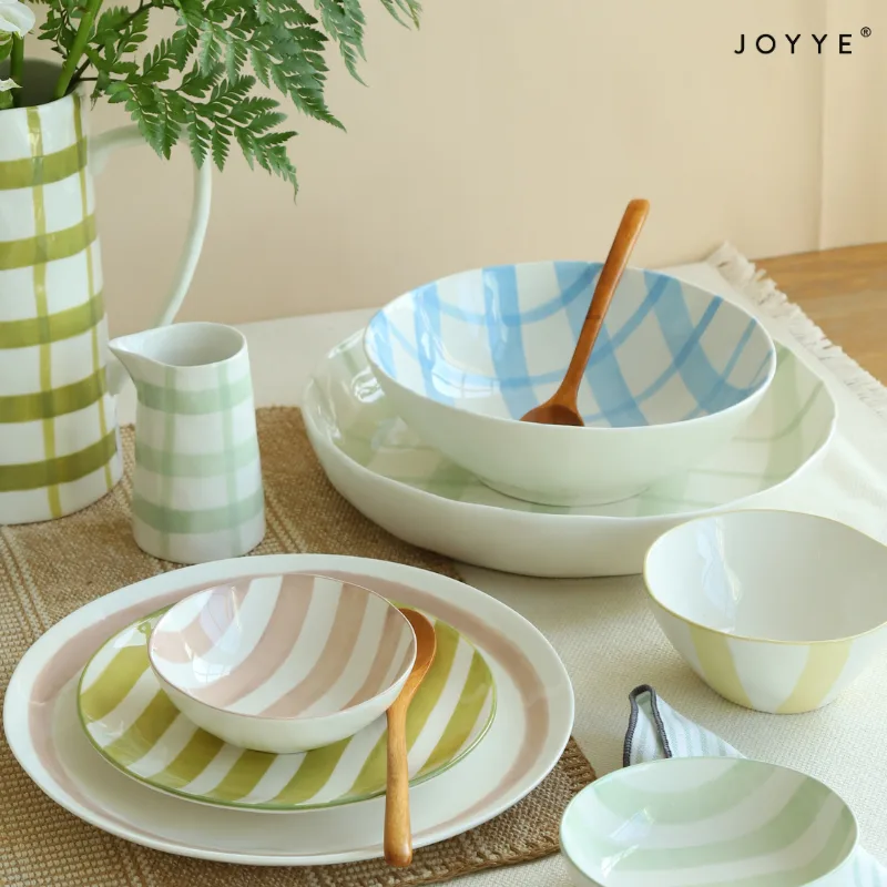 Handpainted Line and Check Ceramic Plates