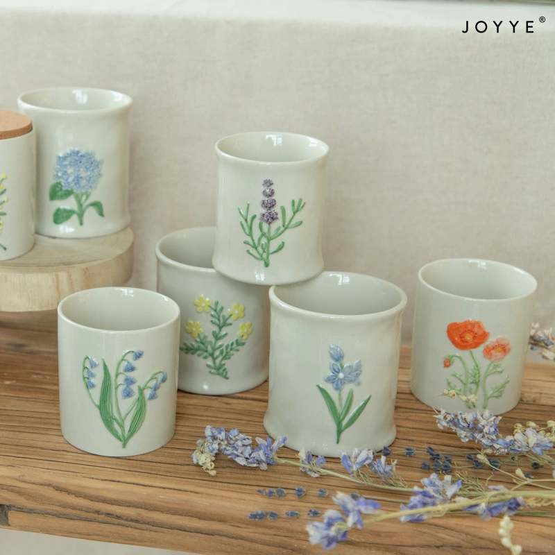 OEM Embossed Floral Ceramic Candle Jar – Country Style Design