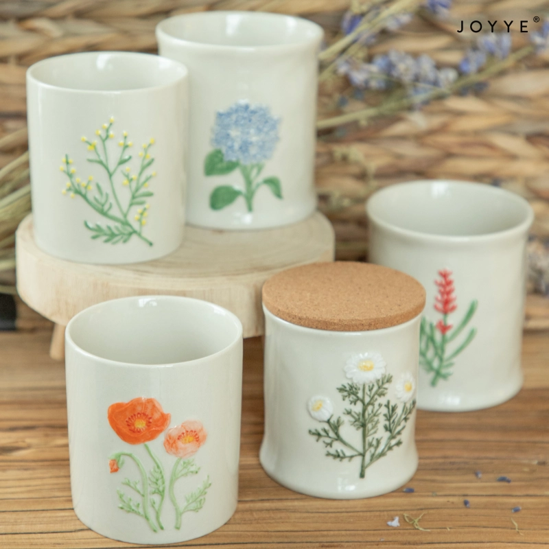 OEM Embossed Floral Ceramic Candle Jar – Country Style Design