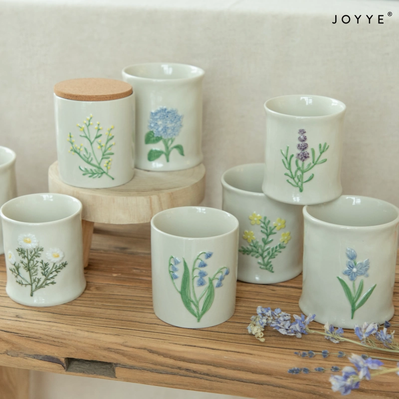 OEM Embossed Floral Ceramic Candle Jar – Country Style Design