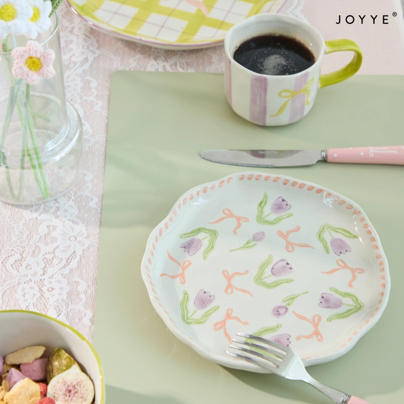 OEM Spring Hand-Painted Lattice & Bow Stoneware Plates